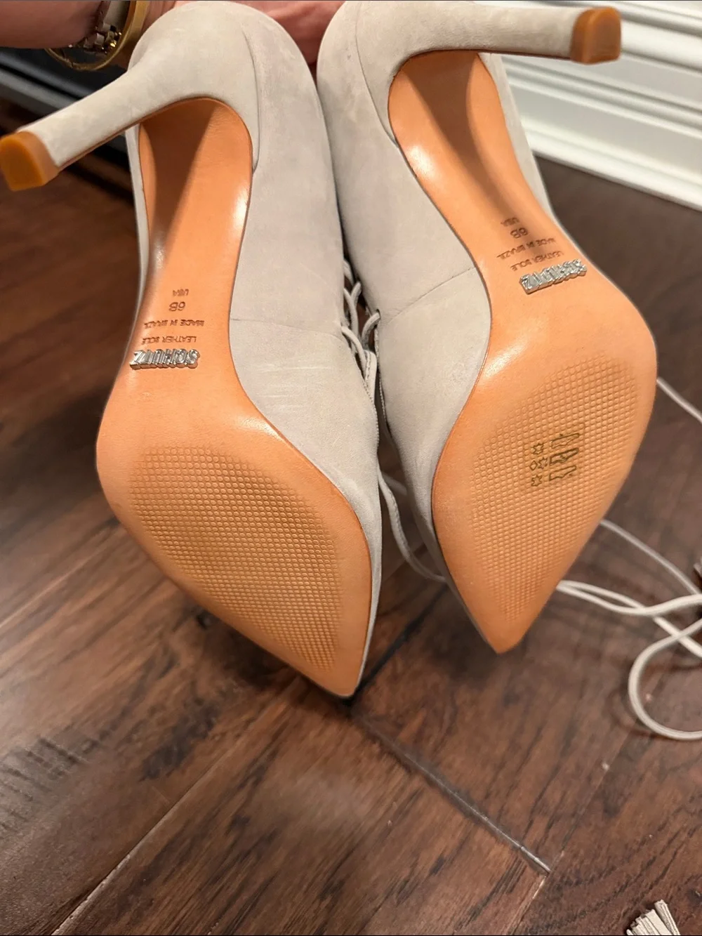 SCHUTZ Lace-Up Pointed Heels in Light Beige